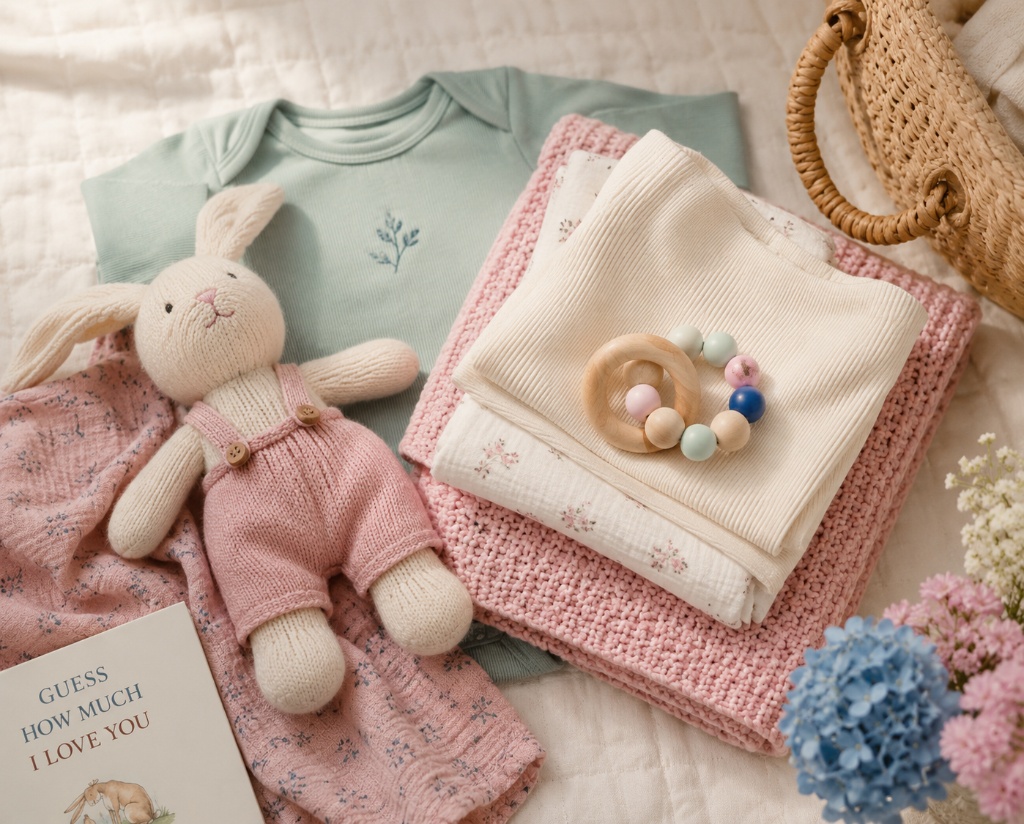A thoughtfully curated flat lay of baby products